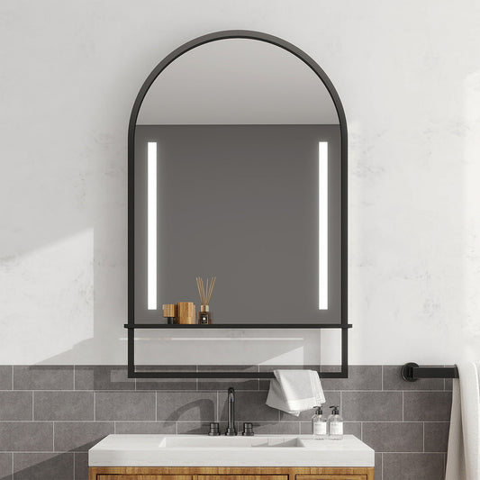 Zaha Lighted Mirror in a modern bathroom over a vessel sink