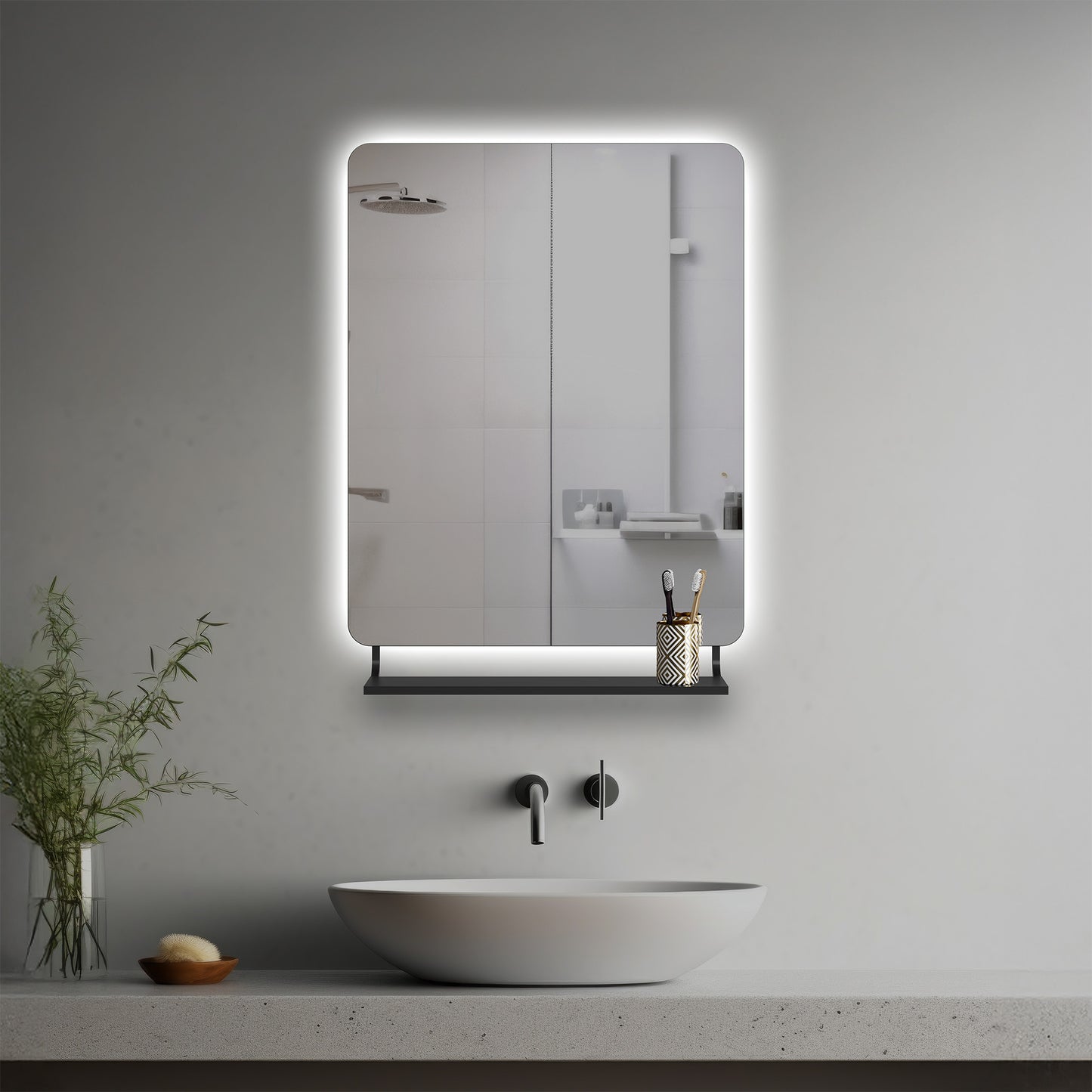 Alvar Lighted Mirror in a modern bathroom over a vessel sink