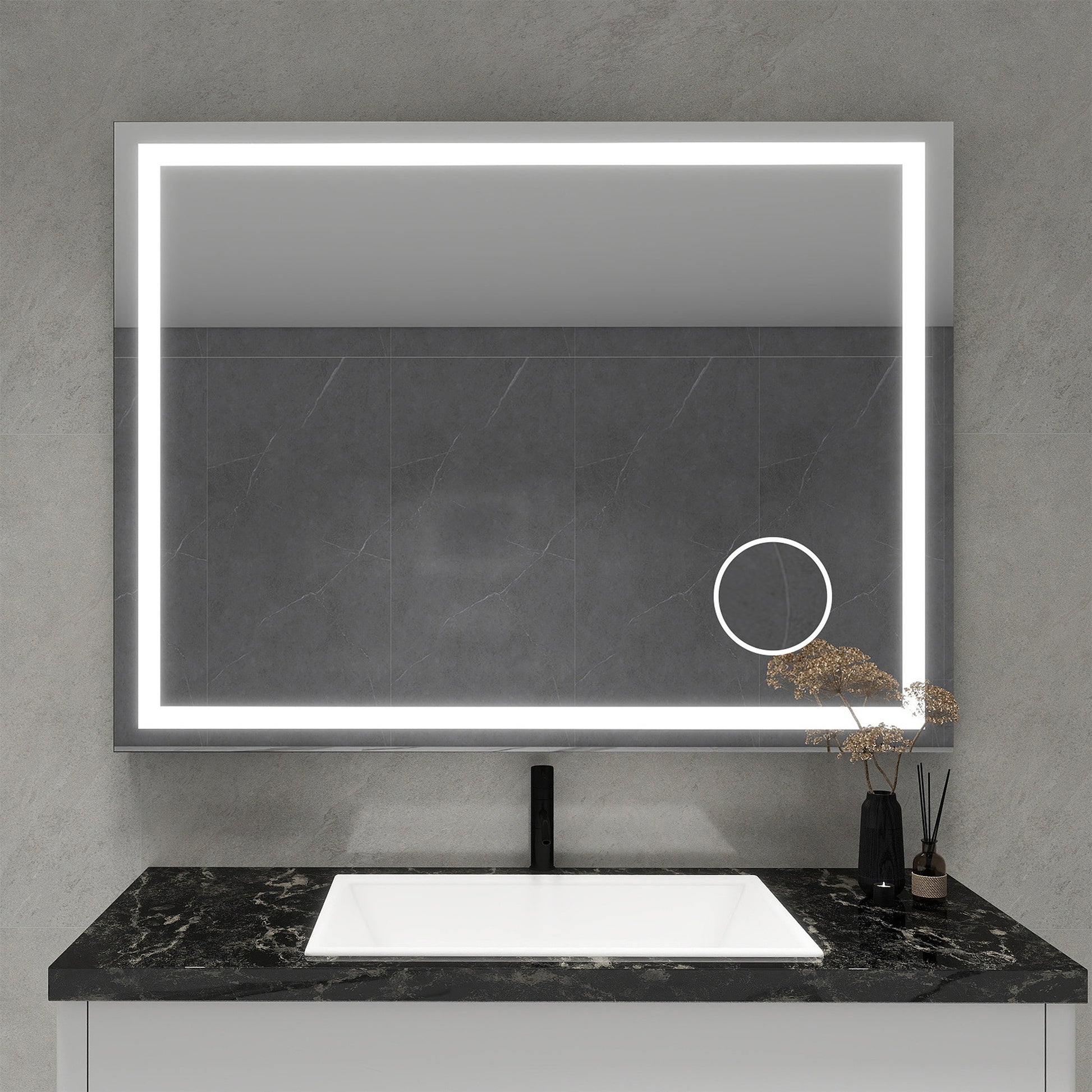 Eladio Lighted Mirror in a modern bathroom over a vessel sink