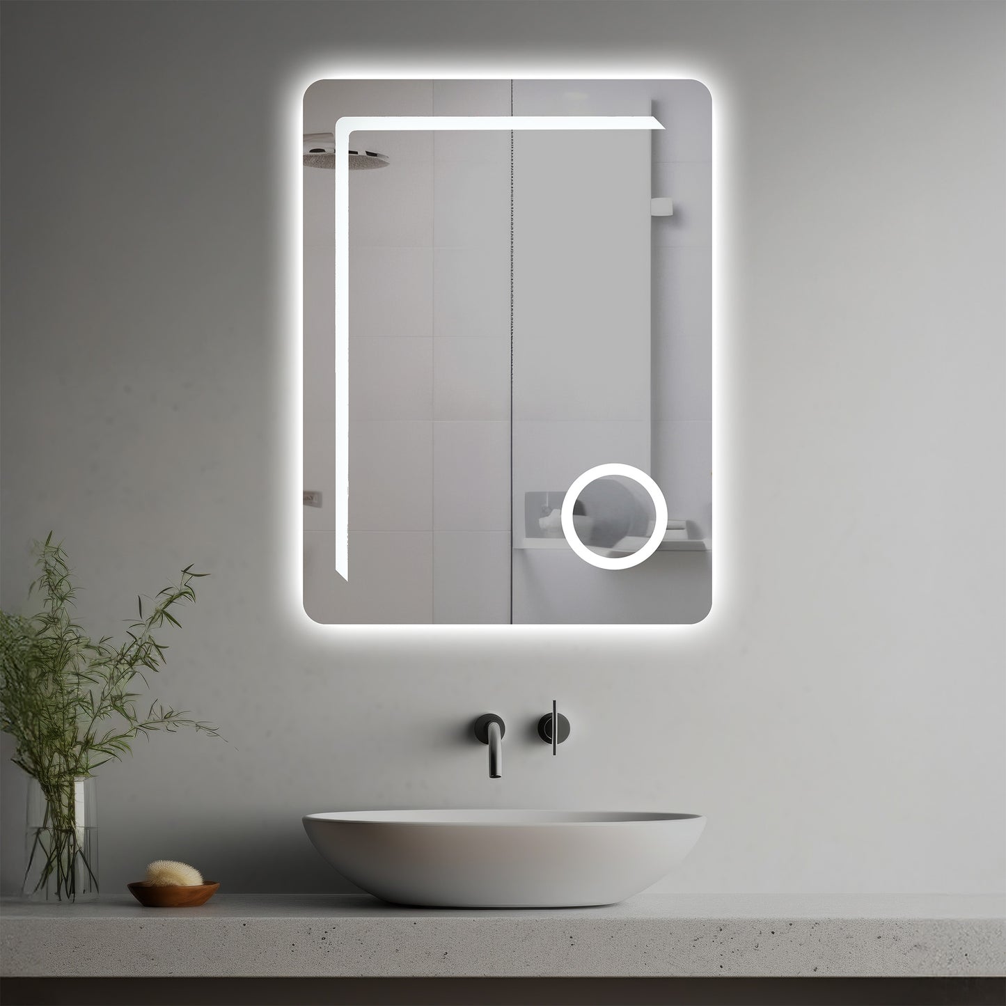 Rashid Lighted Mirror in a modern bathroom over a vessel sink