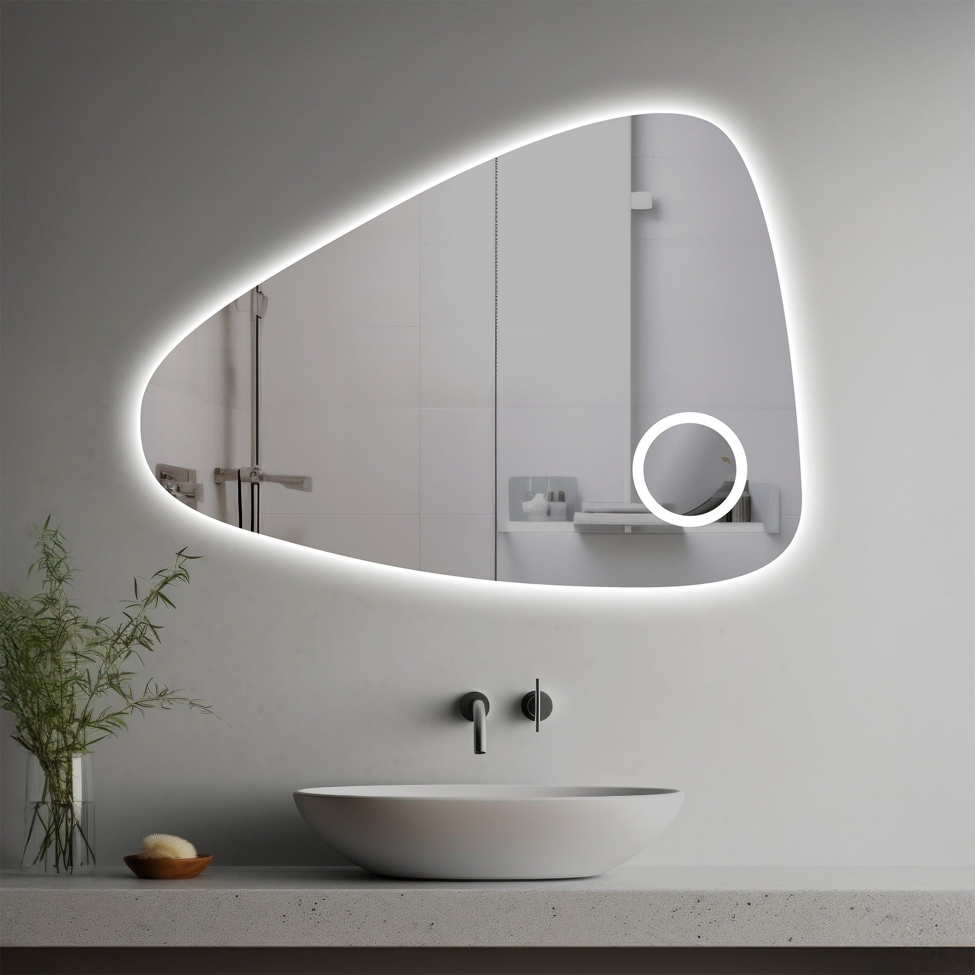 Moshe Lighted Mirror in a modern bathroom over a vessel sink