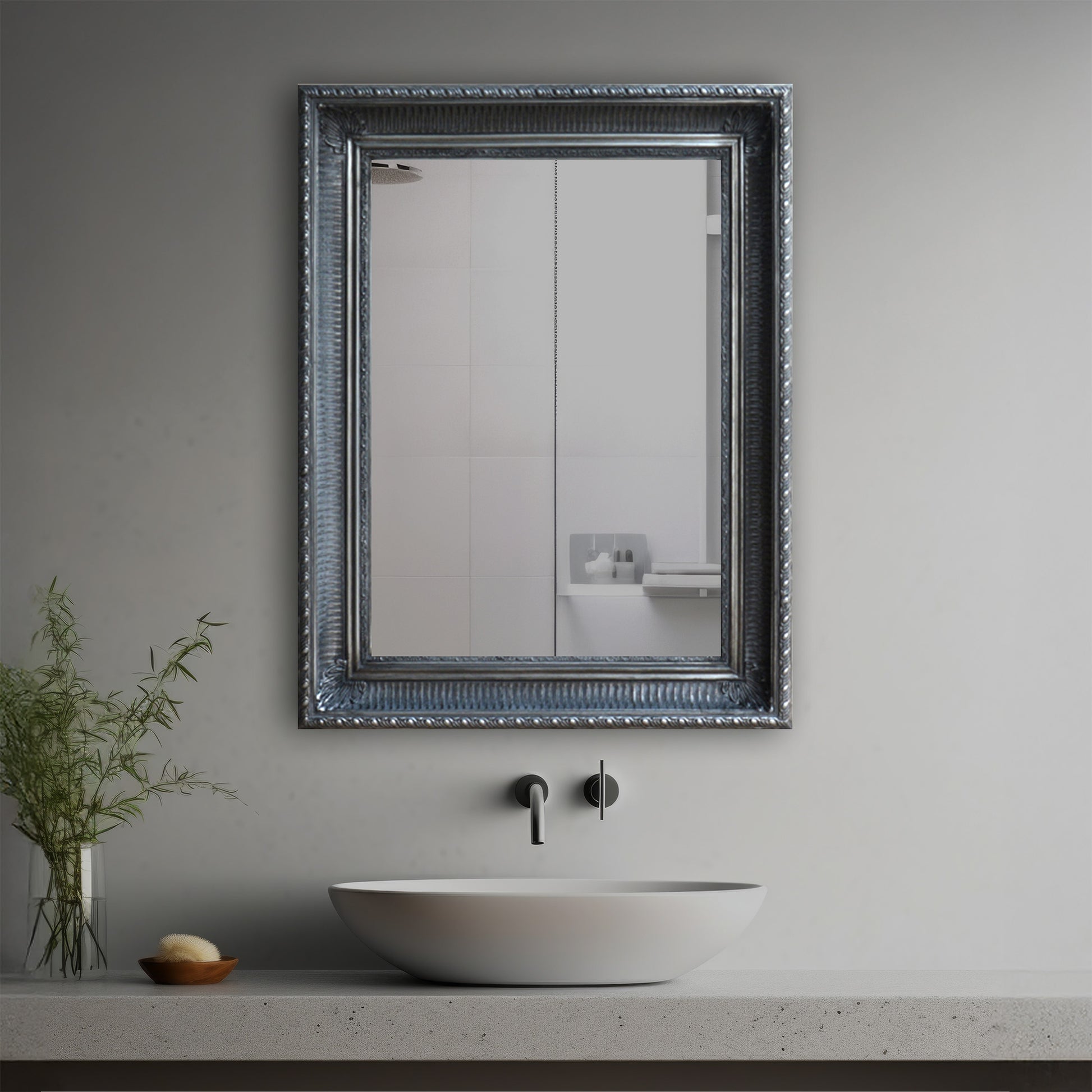 Estelle Decorative Mirror in a modern bathroom over a vessel sink