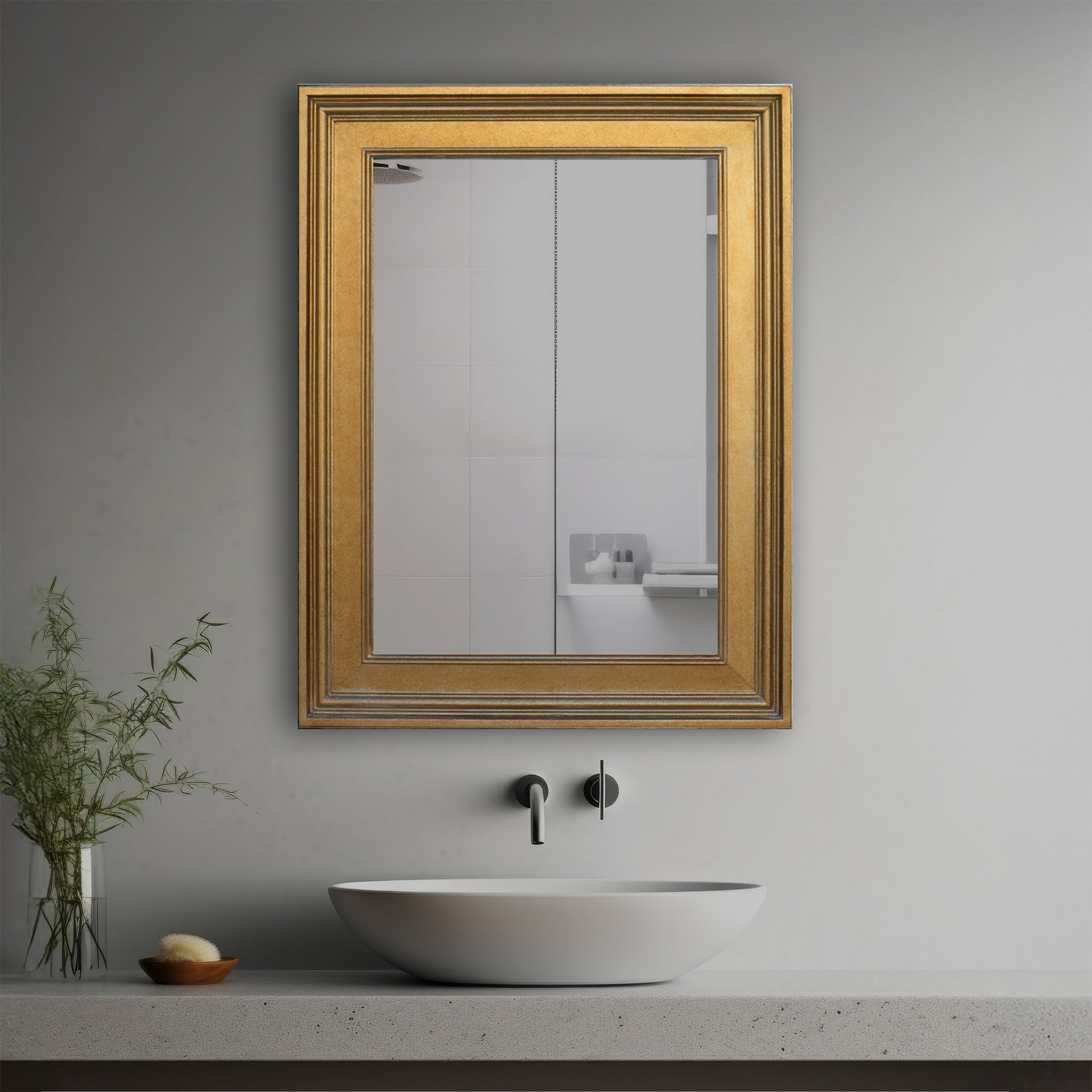 Lyra Decorative Mirror in a modern bathroom over a vessel sink