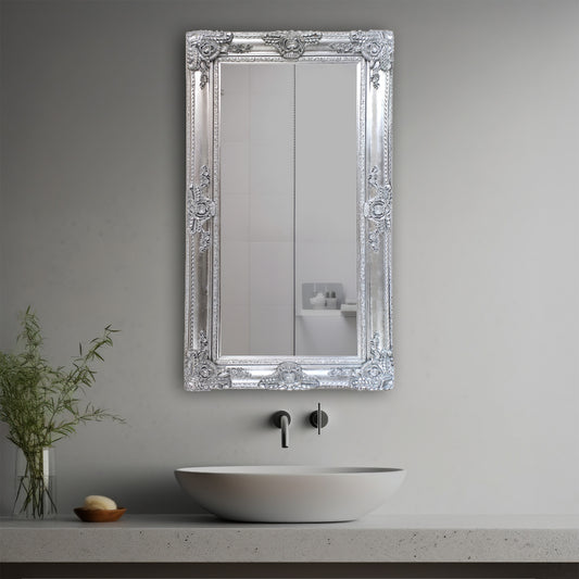 Lora Decorative Mirror in a modern bathroom over a vessel sink