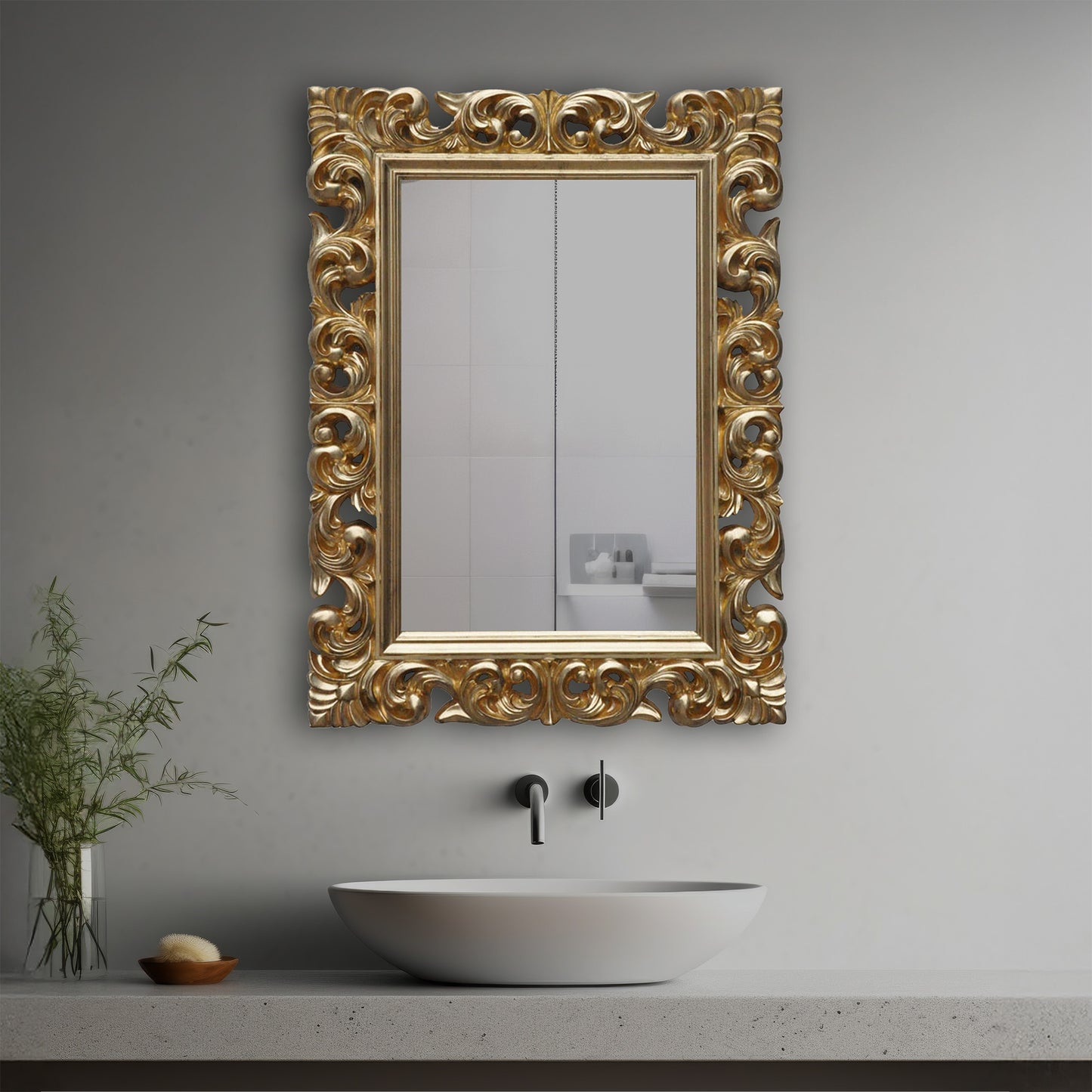 Raya Decorative Mirror in a modern bathroom over a vessel sink