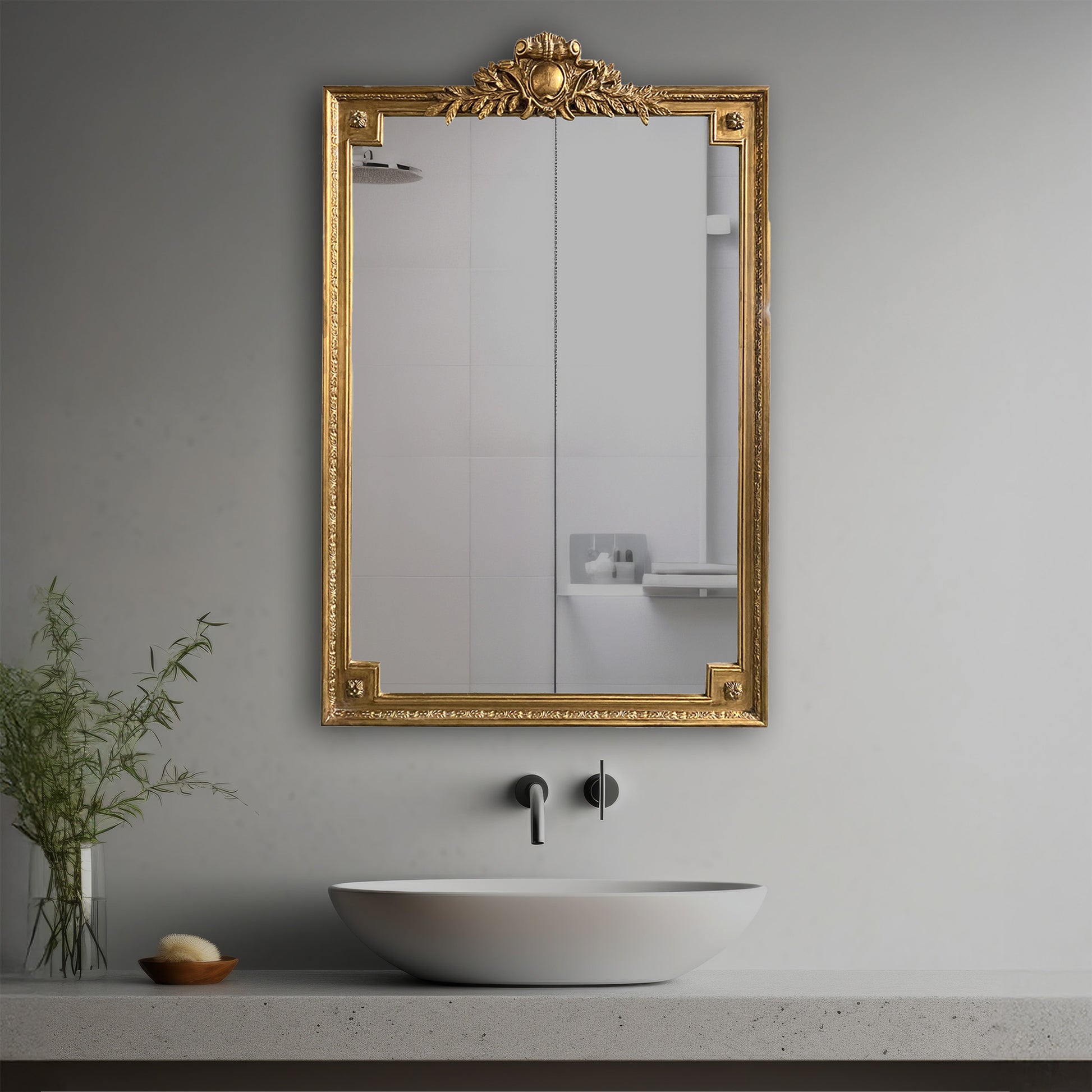 Elia Decorative Mirror in a modern bathroom over a vessel sink