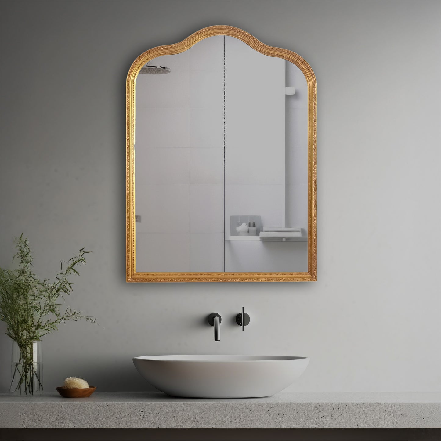 Clio Decorative Mirror in a modern bathroom over a vessel sink