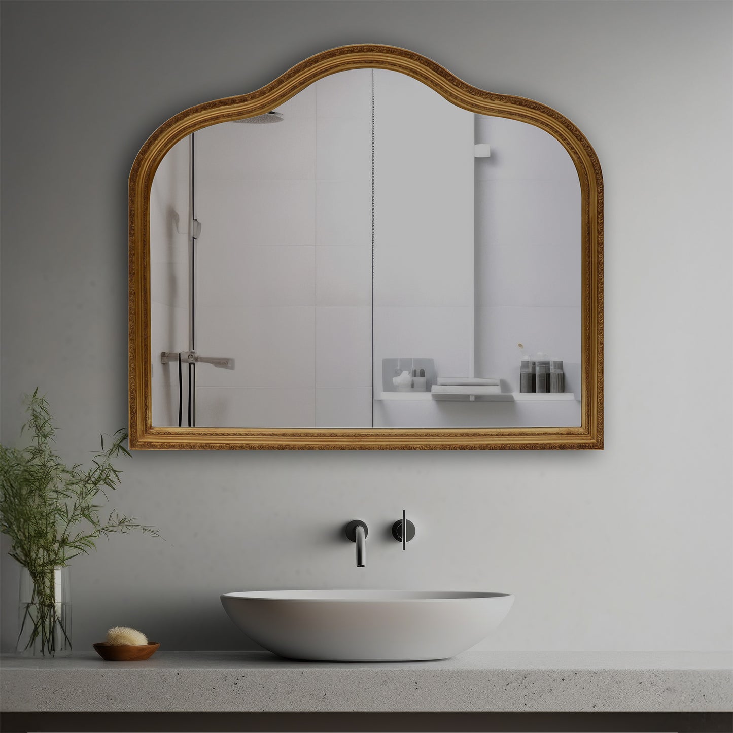 Aria Decorative Mirror in a modern bathroom over a vessel sink