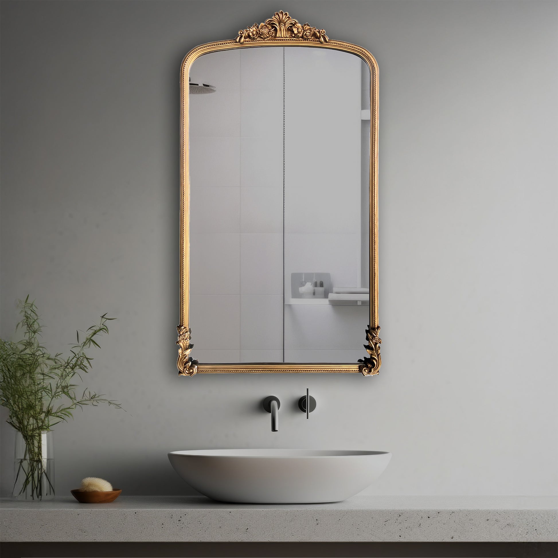 Nia Decorative Mirror in a modern bathroom over a vessel sink