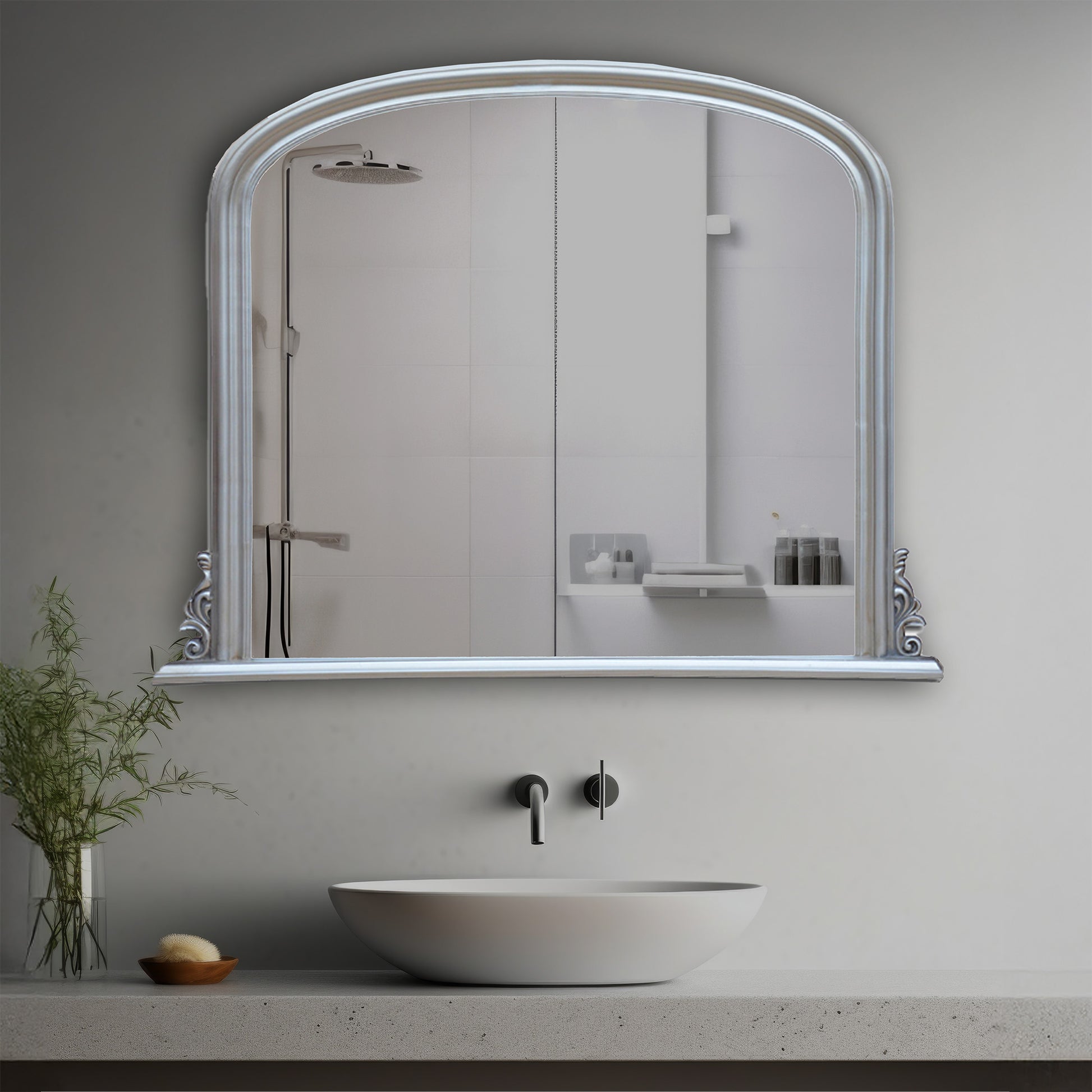 Isla Decorative Mirror in a modern bathroom over a vessel sink