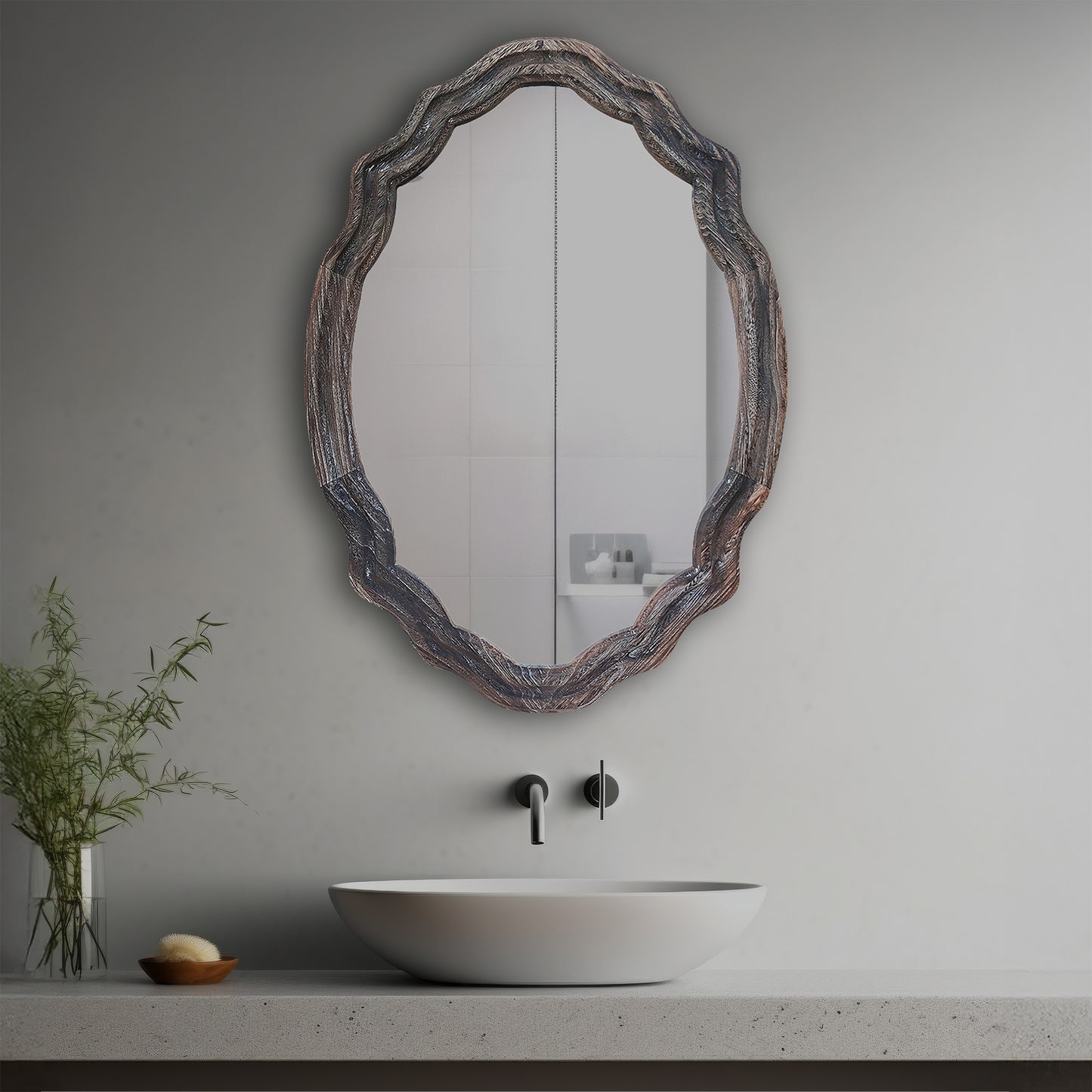 Mila Decorative Mirror in a modern bathroom over a vessel sink