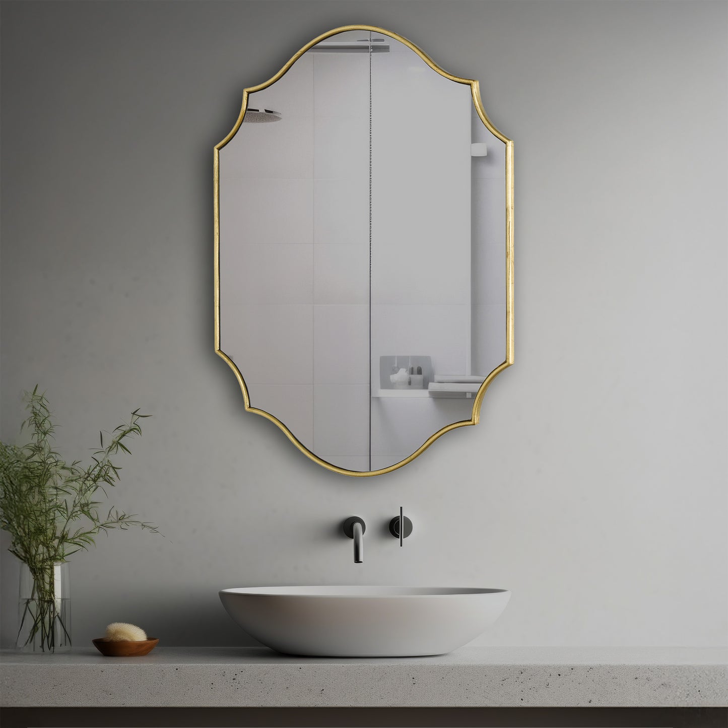 Sora Decorative Mirror in a modern bathroom over a vessel sink