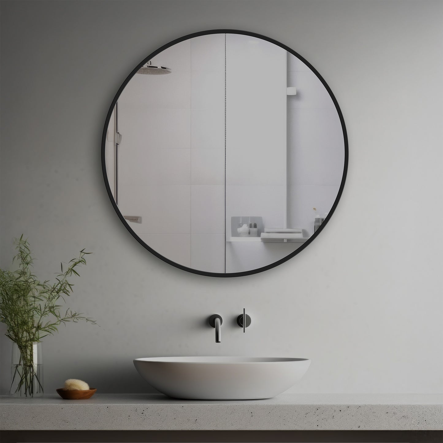 Theo Decorative Mirror in a modern bathroom over a vessel sink