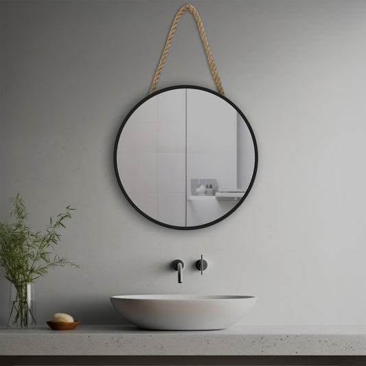 Eda Decorative Mirror in a modern bathroom over a vessel sink