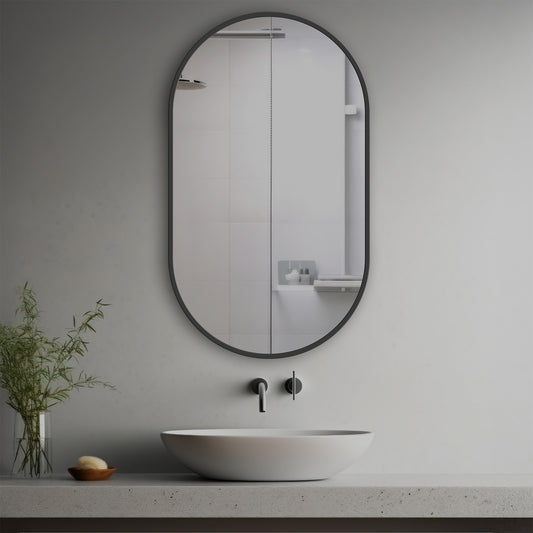 Ori Decorative Mirror in a modern bathroom over a vessel sink