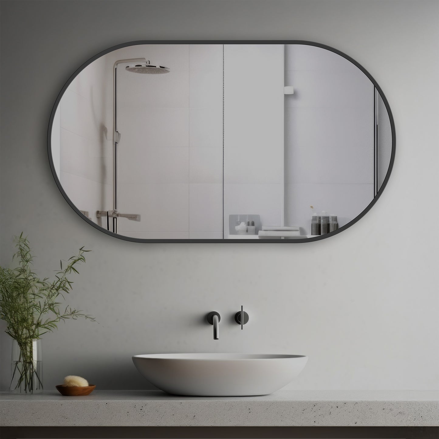 Cyra Decorative Mirror in a modern bathroom over a vessel sink