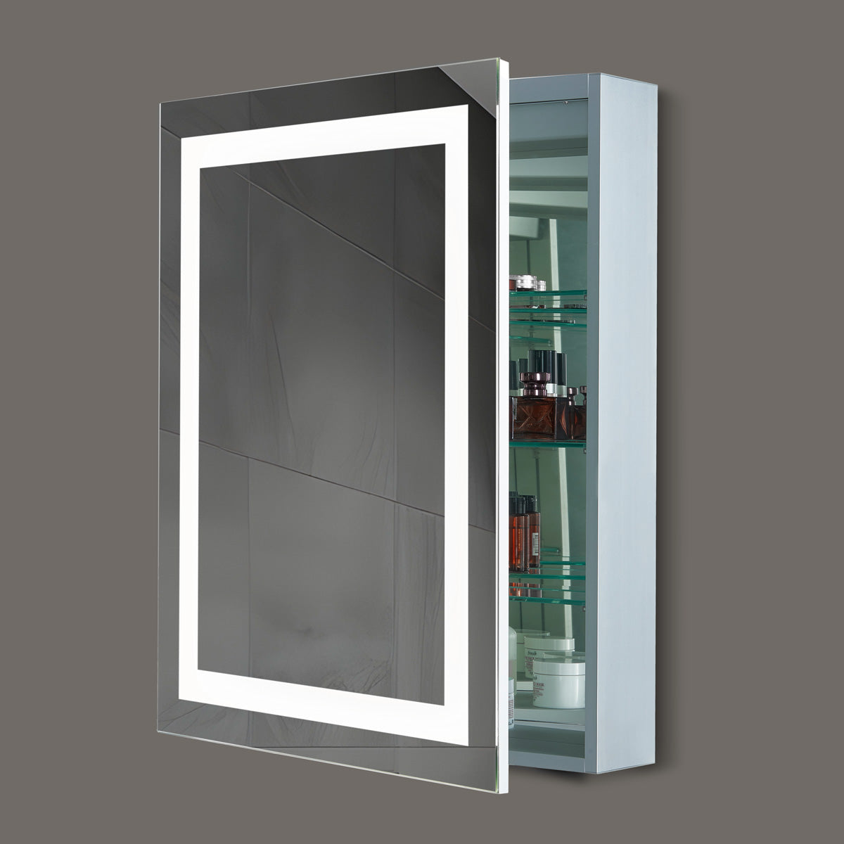 Alina Lighted Medicine Cabinet in a bathroom with adjustable shelves and storage