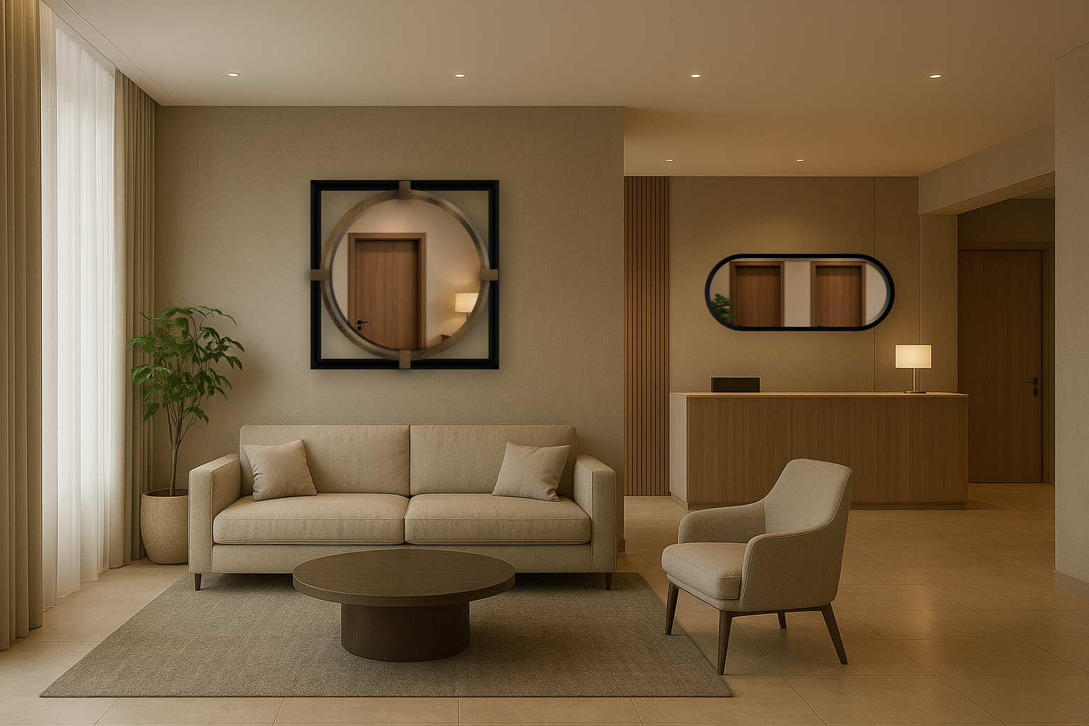 Séura hospitality mirrors in modern hotel lobby with soft lighting and neutral décor.