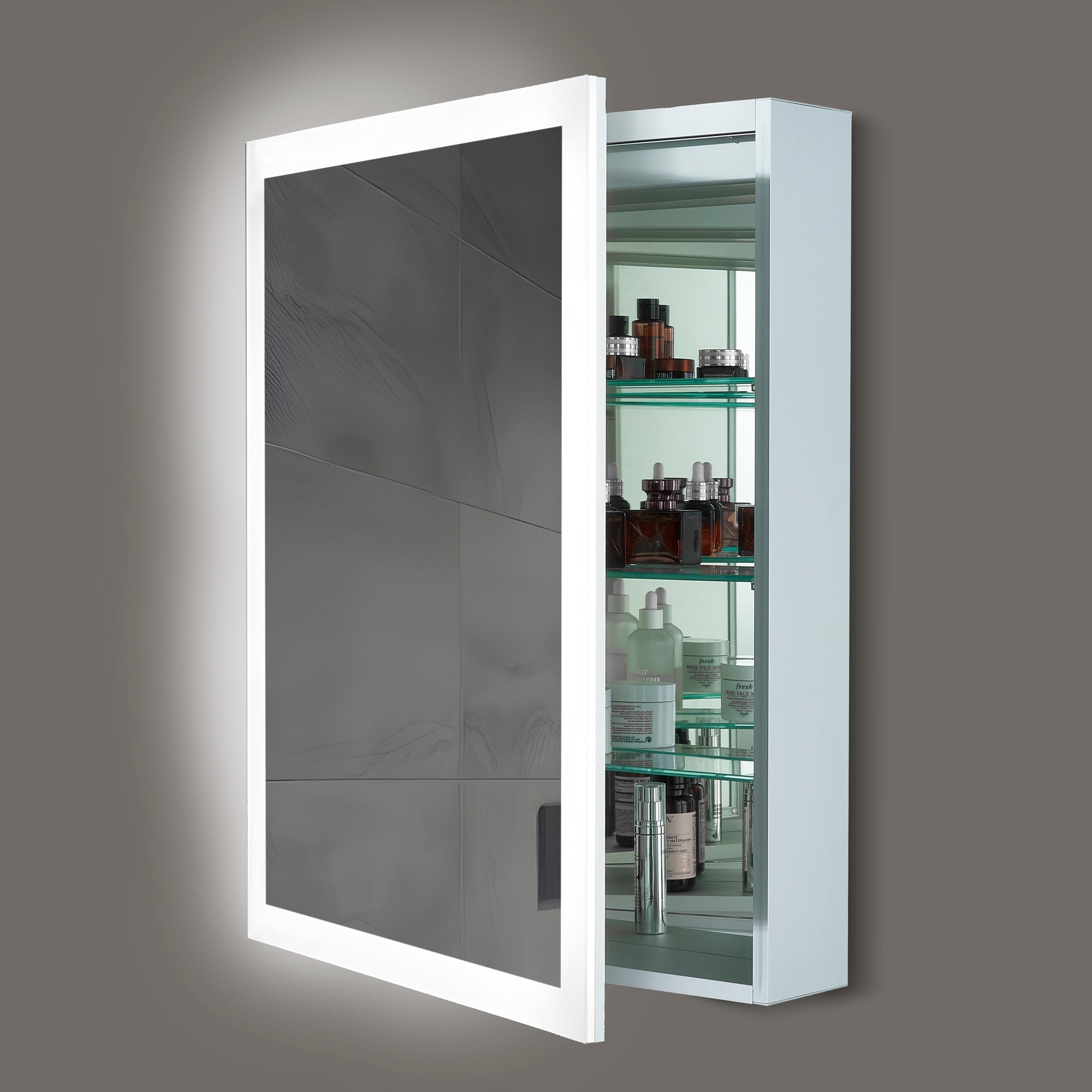 Faro Lighted Medicine Cabinet in a bathroom with adjustable shelves and storage