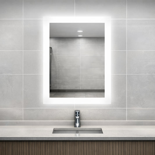 Bathroom vanity with Facet lighted mirror and sink.