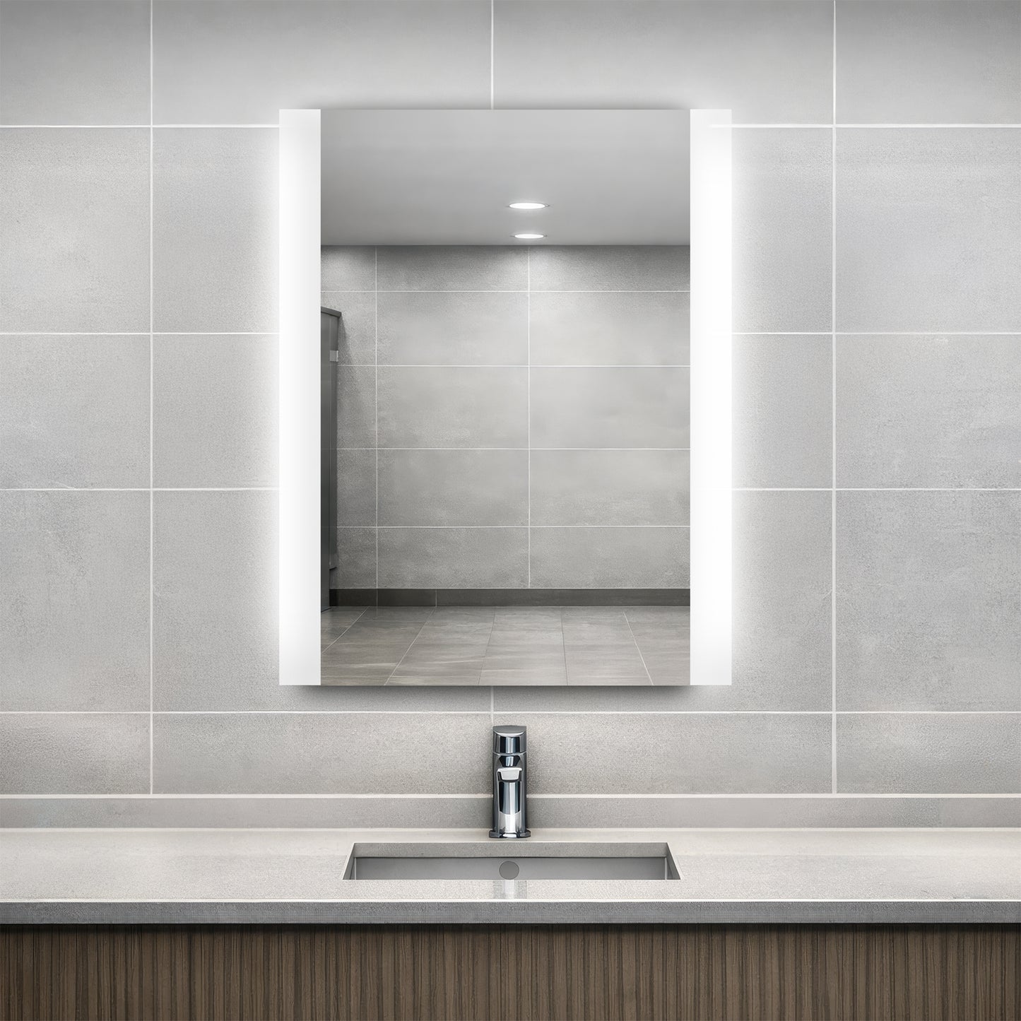 Veil Lighted mirror in bathroom with a sink, and tiled walls