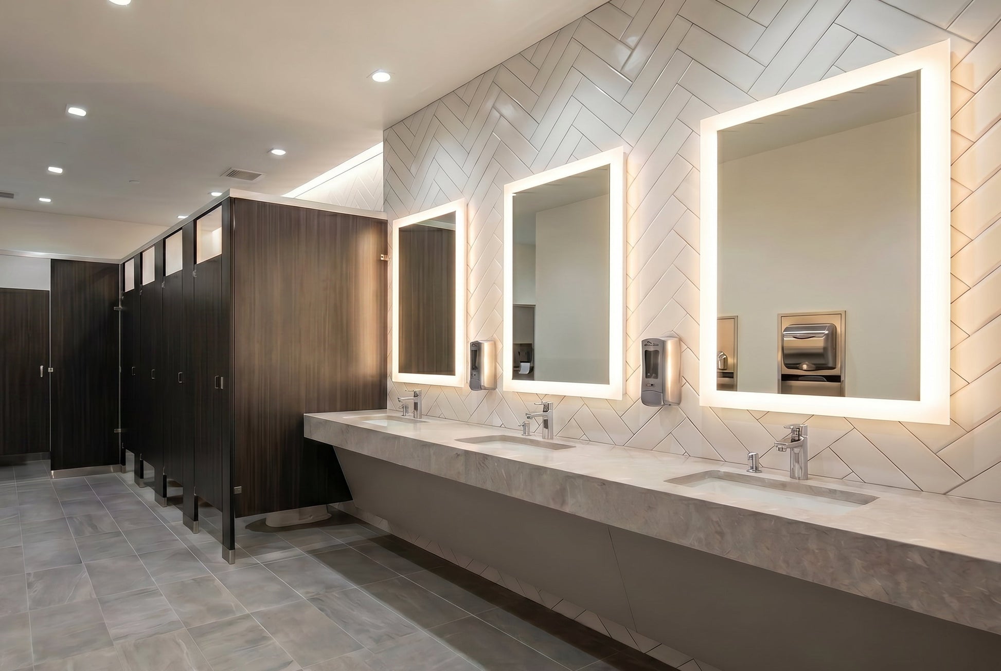 Three Facet Lighted mirrors in a modern bathroom