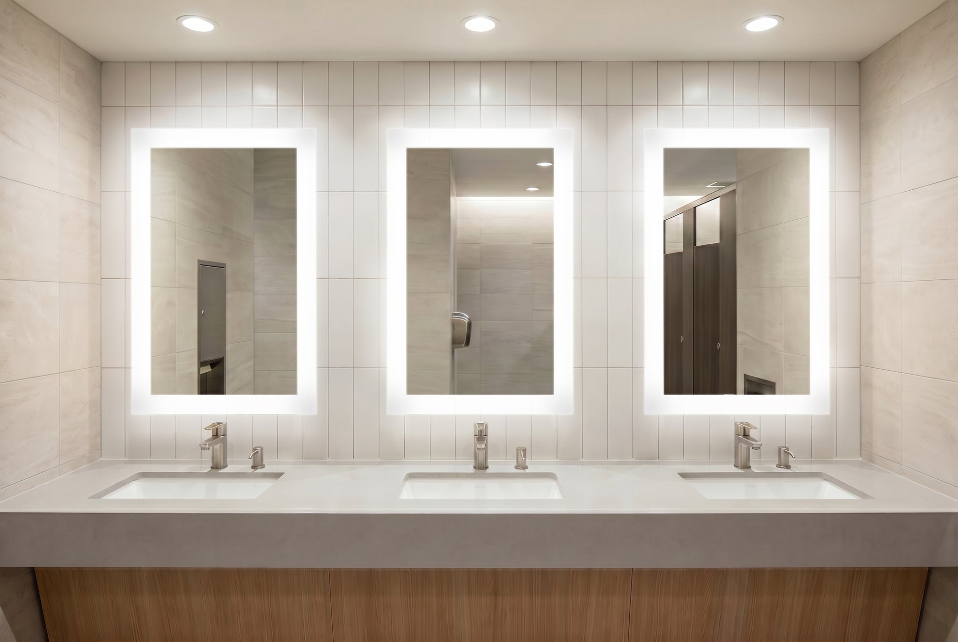 Bathroom vanity with three illuminated Facet mirrors and sinks.