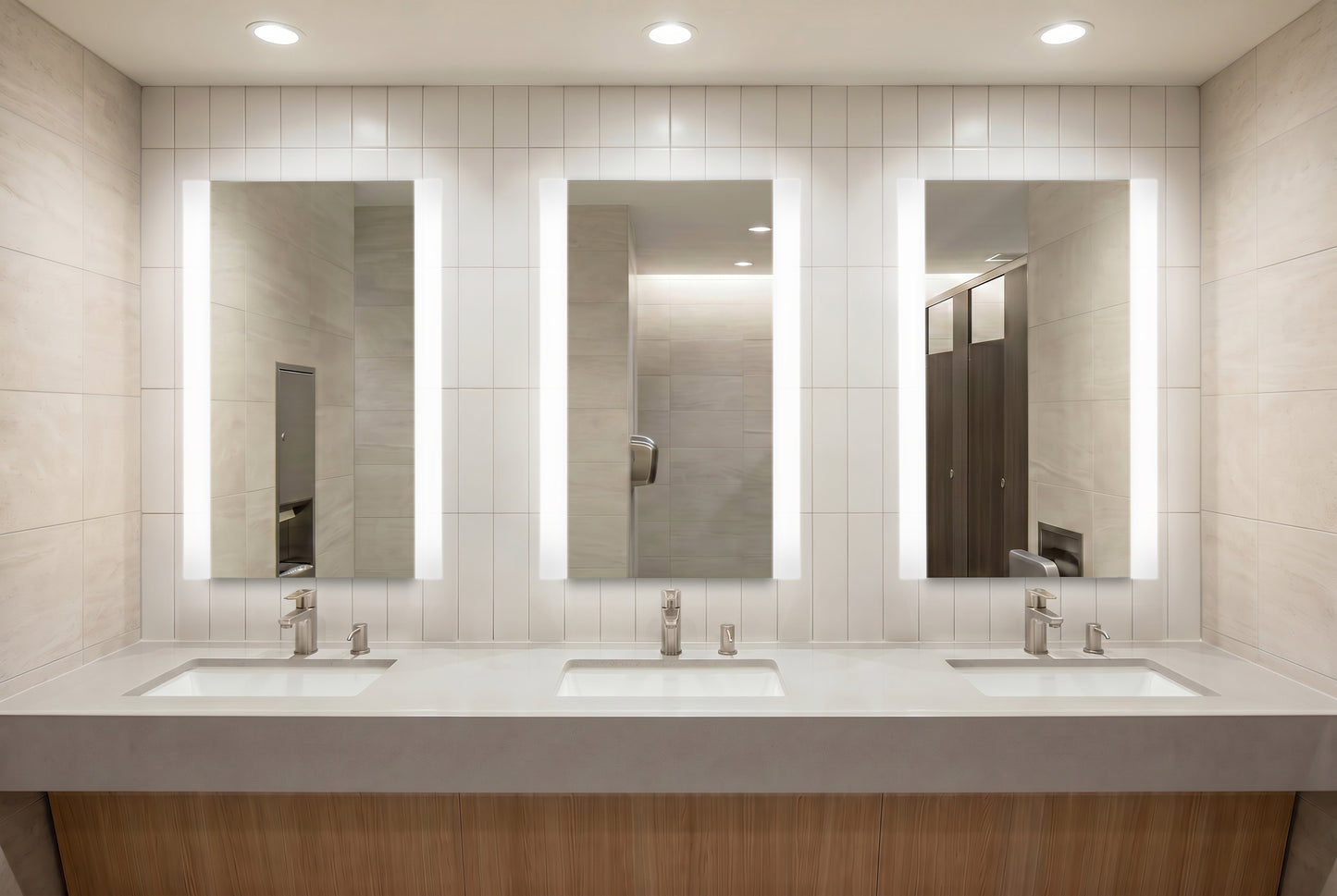 Bathroom vanity with three Veil lighted mirrors